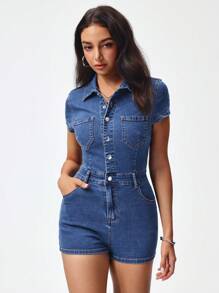 SHEIN EZwear Mono corto vaquero de mujer de unicolor con botones frontales y bolsillos, para el verano - Azul lavado oscuro - Ver 6