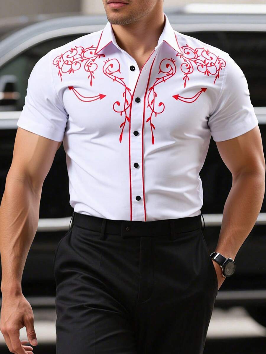 Manfinity Homme 男士休闲植物印花纽扣短袖衬衫,夏季 - 白色 - 查看 1