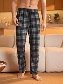 SHEIN 男士格子松紧腰宽松直筒休闲裤睡衣，秋冬款