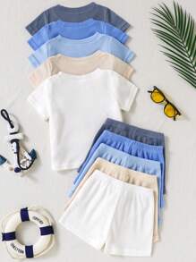 SHEIN Playful Pals 5件套婴幼儿服装，包含5件短袖纹理针织上衣和5条松紧腰纹理针织短裤。上衣颜色有卡其色、浅蓝色、军绿色、棕色和黑色，短裤颜色相同。适合春夏季户外活动、休闲穿着，适合6个月至2-3岁宝宝。 - 彩色 - 查看 2