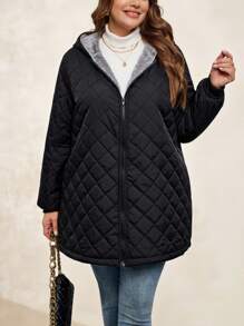 SHEIN Clasi Plus Size Casual Solid Color Diamond Quilted Padded Hooded Jacket For Winter - Black - View 5