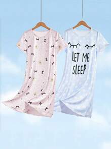 2pcs Teen Girls Pajamas Set, 1pc Butterfly & Bear Print Top, 1pc "Let Me Sleep" Dot Print Top, Comfortable Casual Sleepwear, Stretchy Fabric, Machine Washable, Relaxed Fit (Sold Separately) Teen Sleepwear  Pajama Dresses - Multicolor - View 4