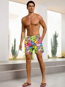 Manfinity Swimmode Men's Casual Cartoon Monster Print Drawstring Waist Side Pocket Beach Shorts, Summer - Multicolor - View 3