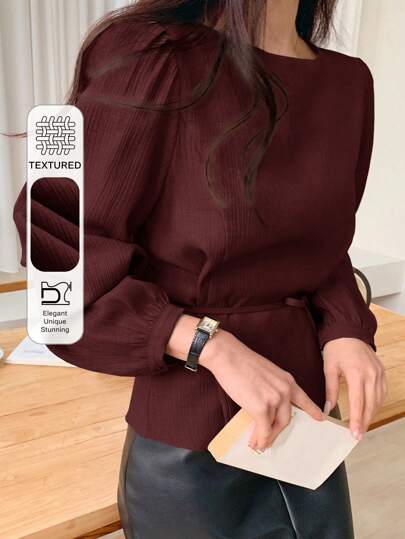 DAZY 女式纯色休闲圆领泡泡袖衬衫，通勤衬衫长袖上衣