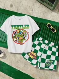 TEENAGE MUTANT NINJA TURTLES | SHEIN 2pcs/Set Young Boy Checkered Cartoon Pattern Knit Loose Raglan T-Shirt And Shorts Summer Set