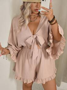 SHEIN VCAY Mono de talla grande para vacaciones con unicolor, manga tipo murciélago, volante en el bajo y cintura con lazo - Caqui - Ver 2