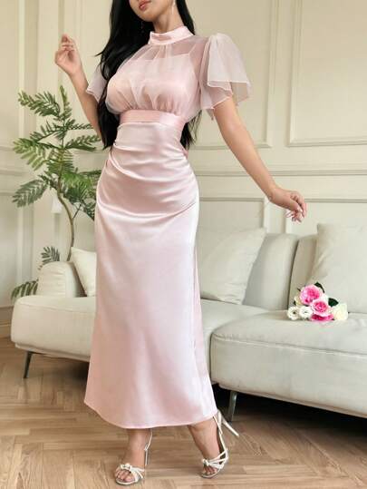 Modelyn 2pcs Women Set - Solid Color Mandarin Collar Ruffle Short Sleeve Mesh Blouse And Spaghetti Strap Dress