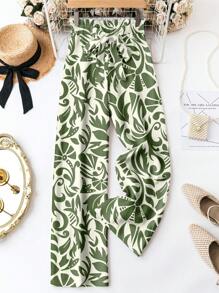 SHEIN LUNE Pantalones largos casuales con cintura con cordón y estampado de hojas, adecuados para primavera y verano