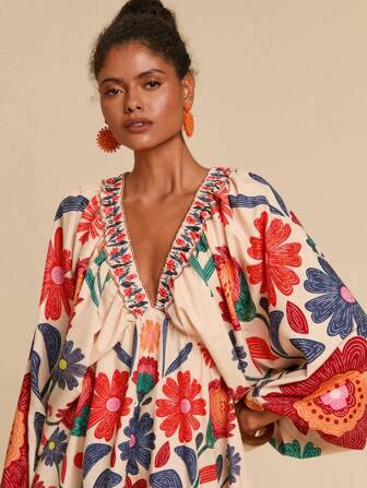 Travachic V-hals mini-jurk van chiffon met lange mouwen en bloemenprint voor dames, geschikt voor vakantie