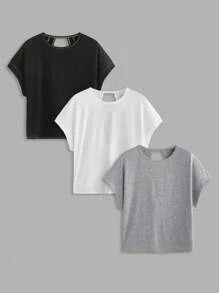 SHEIN Essnce 3 件套女士休闲圆领宽松后背镂空短袖 T 恤套装，适合夏季