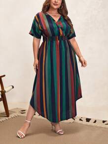 SHEIN Clasi Plus Striped Print Batwing Sleeve Hidden Pocket Dress, Summer - Multicolor - View 6