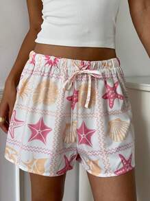 Aloruh Women's Low Waist Short Starfish Printed Shorts, For Spring & Summer Holiday