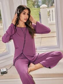 Lowkey Lull 2 件女式荷叶边衬衫和裤子家居服套装，秋季服装 - 紫色 - 查看 2