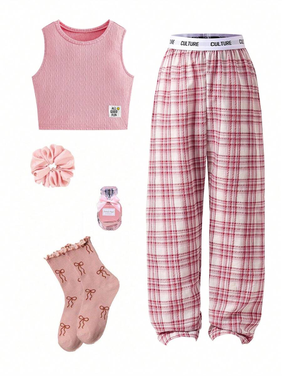 2pcs Casual Teen Girl Classic Plaid Pants And Solid Sleeveless Vest Homewear Set - Baby Pink - View 1