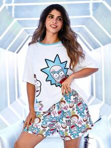 Rick and Morty X SHEIN 大码卡通图案短袖上衣和全身印花短裤睡衣套装