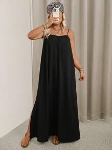 SHEIN VCAY Plus Size Solid Color Spaghetti Strap Dress, Fashion Suitable For Summer - Black - View 6
