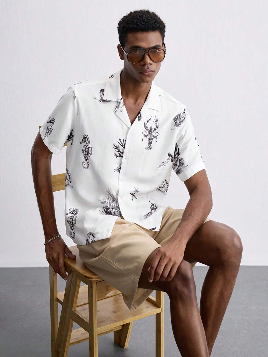 SHEIN Maija Áo sơ mi nam tay ngắn cài nút phía trước in họa tiết toàn thân, mùa hè - Nhiều màu - Xem 1