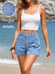 SHEIN Teen Girl Casual Cute Bow Embroidered Denim Shorts, Denim Shorts With Bow Detail,Tops, School, Campus, College - Medium Wash - View 3