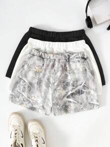 SHEIN Buy 1 Get 3 Free Teen Girls Sport & Casual Bare Tree Branch Print Monochrome Shorts Set