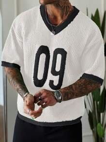 Manfinity Homme 男士夏季数字图案 V 领短袖休闲针织上衣平纹针织图案 T 恤上衣网眼男士时尚服装 - 黑與白 - 查看 5