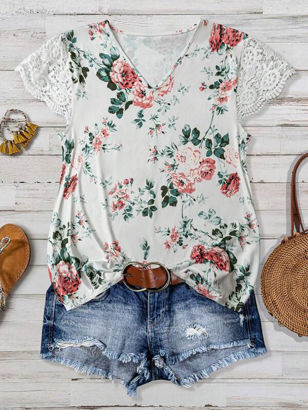 Linhara Plus Size Women V-Neck Fashion Floral Print Lace Sleeve T-Shirt