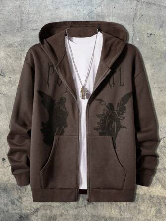 AXEPEAK Locker sitzender Herren Sweatshirt mit Engel- und Buchstaben-Muster in der Tasche, Streetwear Lässig