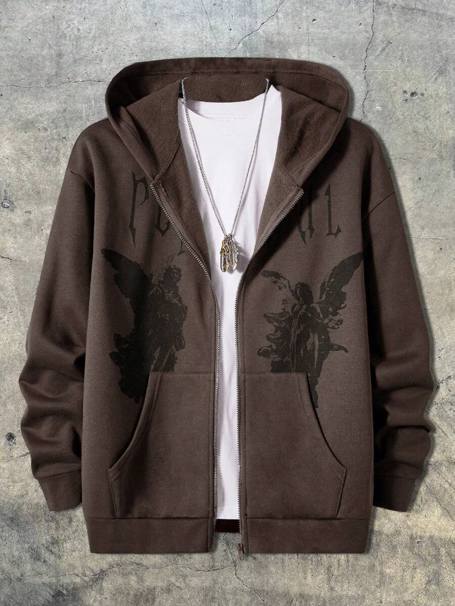 AXEPEAK Loose Fit Men's Angel & Letter Print Pocket Sweatshirt, Streetwear Casual, Fall, Winter