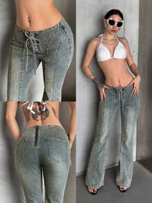 SHEIN Tall Quần jeans ống loe cạp thấp thắt dây đinh tán cổ điển - Rửa trung bình - Xem 6