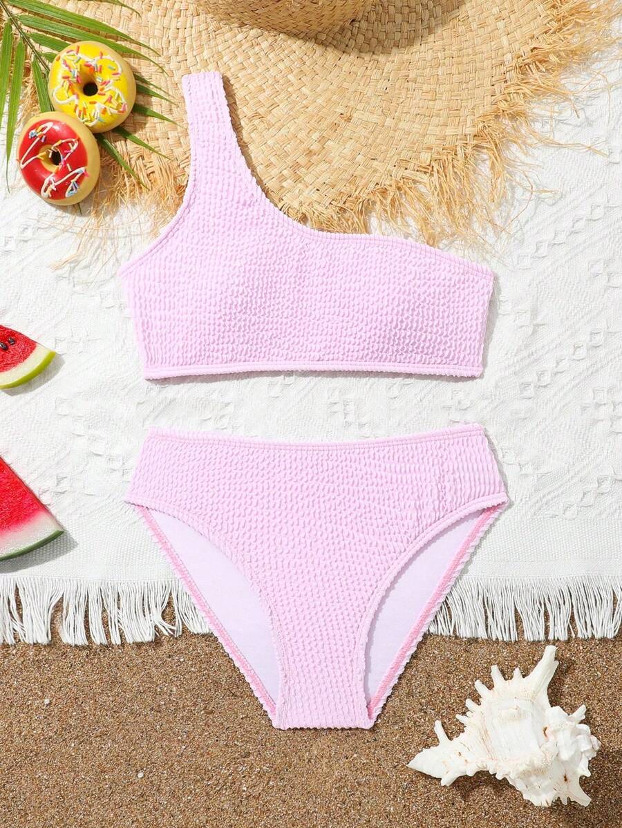 SHEIN Tween Girls' Solid Color Textured One Shoulder Bikini Set, Summer Beach Vacation Bathing Suits For Teens Top Bathing Suits Teen Girl Two Pieces Swim Suits For 2 Pieces Bathing Suit One Peice Bathing Suit For Teens - Pink - View 1