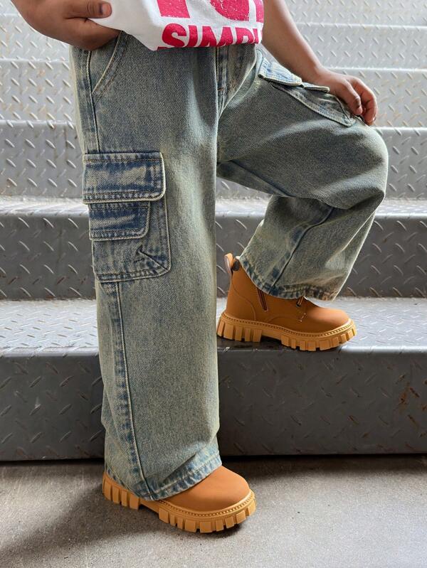 SHEIN Young Boy Street Cool Blue Vintage Washed Cargo Pocket Baggy Denim Jeans,Casual And Versatile For Kids Clothes Boys Costume Dailywear Fall/Winter Clothes ,Boys Streetwear Outfits