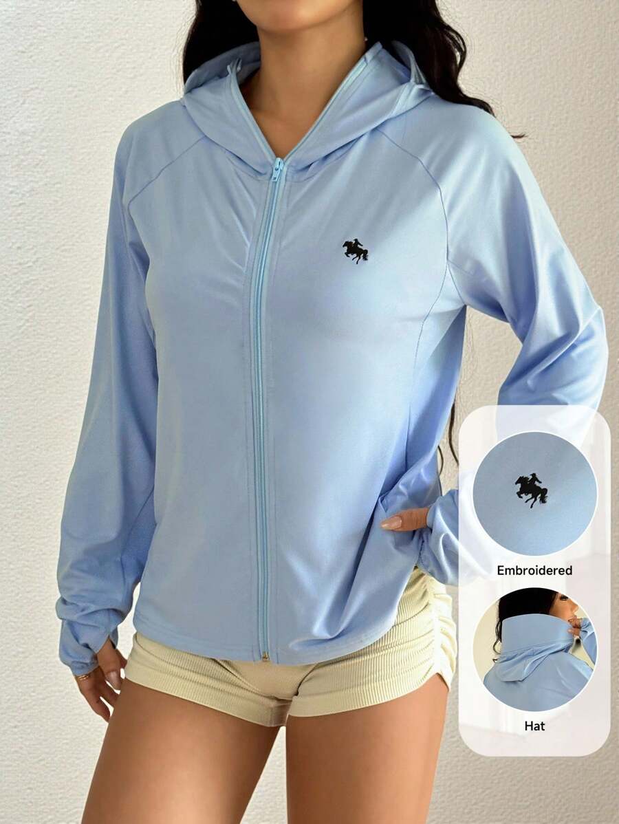 SHEIN EZwear 纯色插肩袖长袖连帽半透明夏季梭织女式夹克 - 淺藍色 - 查看 1
