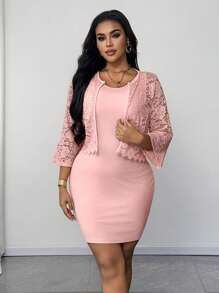 SHEIN Unity Elegant Round Neck Slim Fit Spring/Summer Outfit - Pink - View 4