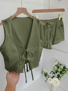 Comfortcana 2 件套夏季橄榄绿系带短款无袖上衣和短裤休闲女装 - 軍綠色 - 查看 4