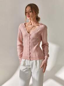 CLARA VERO Casual Hollow Out Crochet Pearl Button Down Cardigan,Cardigans For Women,Long Cardigans Woman,Petite Cardigans,Cardigans - Baby Pink - View 3