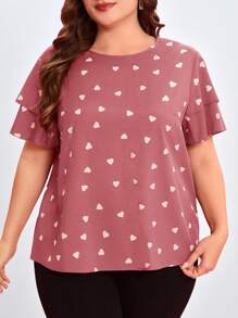 Reflora Blusa de manga corta con cuello redondo y volantes con estampado de corazón para mujer de talla grande - Rosa - Ver 5