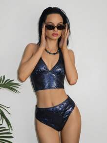 EgrlEra Top de bikini con escote espalda descubierta en estampado de piel de serpiente metálico sexy