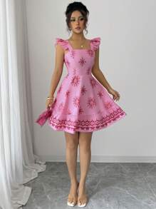 Elenzga 女式印花束腰设计后背系带盖袖休闲度假通勤中长连衣裙