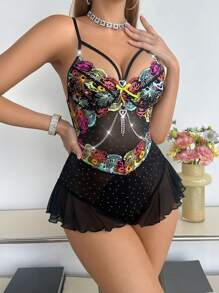 SHEIN Vrouwen Love Rhinestone Buckle Decor Kleurrijke Borduurwerk Splicing Mesh Jumpsuit
