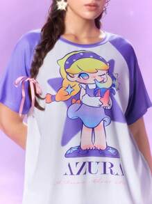 Pop Mart Azura X SHEIN Plus Size Women's Summer Y2k Cleanfit Atry Chic Cute Dreamy  Retro Vintage Casual Vacation Vibe School Clothes  White Purple Star Cartoon Letter Print Raglan Sleeve T-Shirt & Shorts Sleepwear Pajama Set, Summer - White - View 7