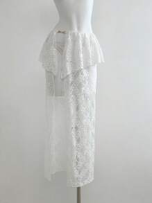 SHEIN Unity Women's Casual Vacation Lace Metallic Button Skirt, Spring & Summer - White - View 1