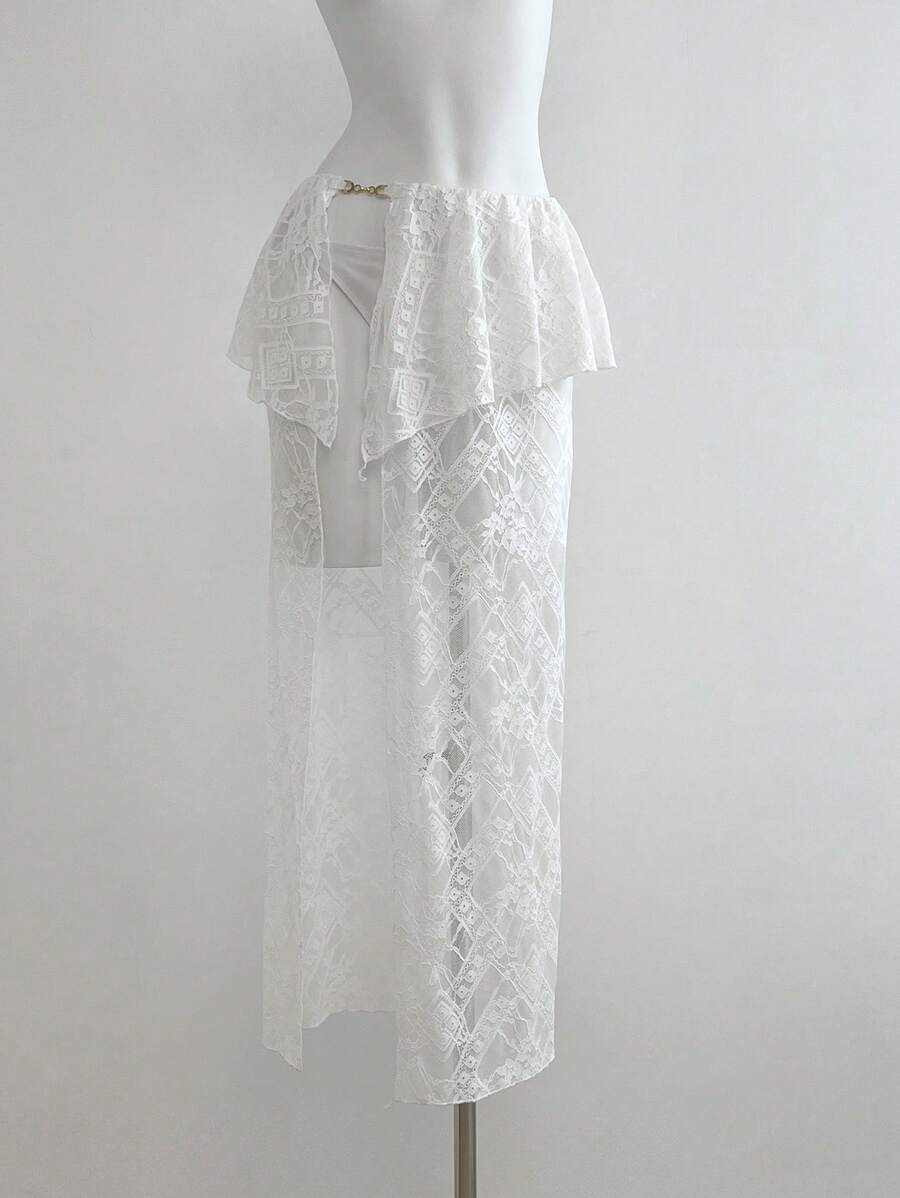 SHEIN Unity Women's Casual Vacation Lace Metallic Button Skirt, Spring & Summer - White - View 1