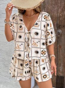 SHEIN VCAY Plus Size Women's Checkered & Retro Print Shorts Set, Tie Front Bow Blouse And Shorts Comfy 2 Pieces Outfit, Summer Vacation Outfits Woman  Vacay Outfits Women Beach Outfits For Women Holiday Outfits  Summer Outfits City Break Outfits Boho Chic Boho Style European Summer Island Vacation Outfits Honeymoon Outfits  Birthday Outfits For Women Old Money Mujer Miami Outfits  Saint-Tropez Outfits Tulum Outfits  South Beach Outfits Santorini Greece Outfits Amalfi Coast Outfits   Ibiza Outfits  Island Girl Plus Brunch Outfits Airport Outfit Club Outfits Women Teacher Outfits For Women Western Clothes For Women Western Wear Women Plus