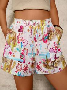 Travachic Plus Size Women Holiday Casual Colorful Cactus Plant Boho Landscape Print Beach Shorts With Pockets, Summer Vacation Day Trip Printed Shorts Summer Shorts Graphic Shorts Western Shorts Desert Print Shorts