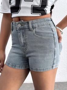 Shorts di jeans di da ragazza, stile boho vintage lavato, in denim azzurro chiaro ad alta elasticità, adatto per abbigliamento da ragazza, costumi e abiti di uso quotidiano primavera estate, outfit casual e da vacanza per ragazze