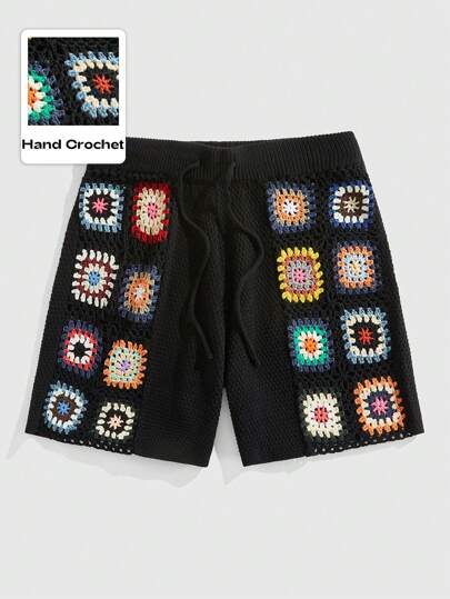 Street Life Men's Vintage Style Hand-Crocheted Patchwork Grandma Plaid Knitted Shorts