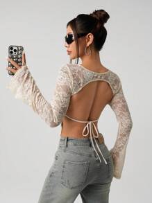 SHEIN ICON Atasan Lengan Panjang Elegan Tanpa Punggung dengan Detail Ikat Simpul dan Renda Transparan Warna Polos - Aprikot - View 2