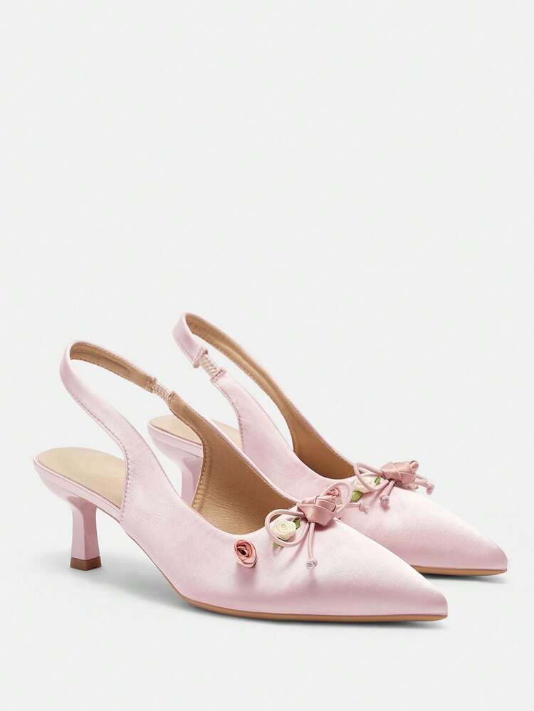 CUCCOO CURVES Sapatilhas Confortáveis de Bico Fino com Salto Baixo e Tiras Traseiras, Decoradas com Flor Rosa, Modelagem Larga, Adequadas para Deslocamentos, Encontros, Reuniões e Festas