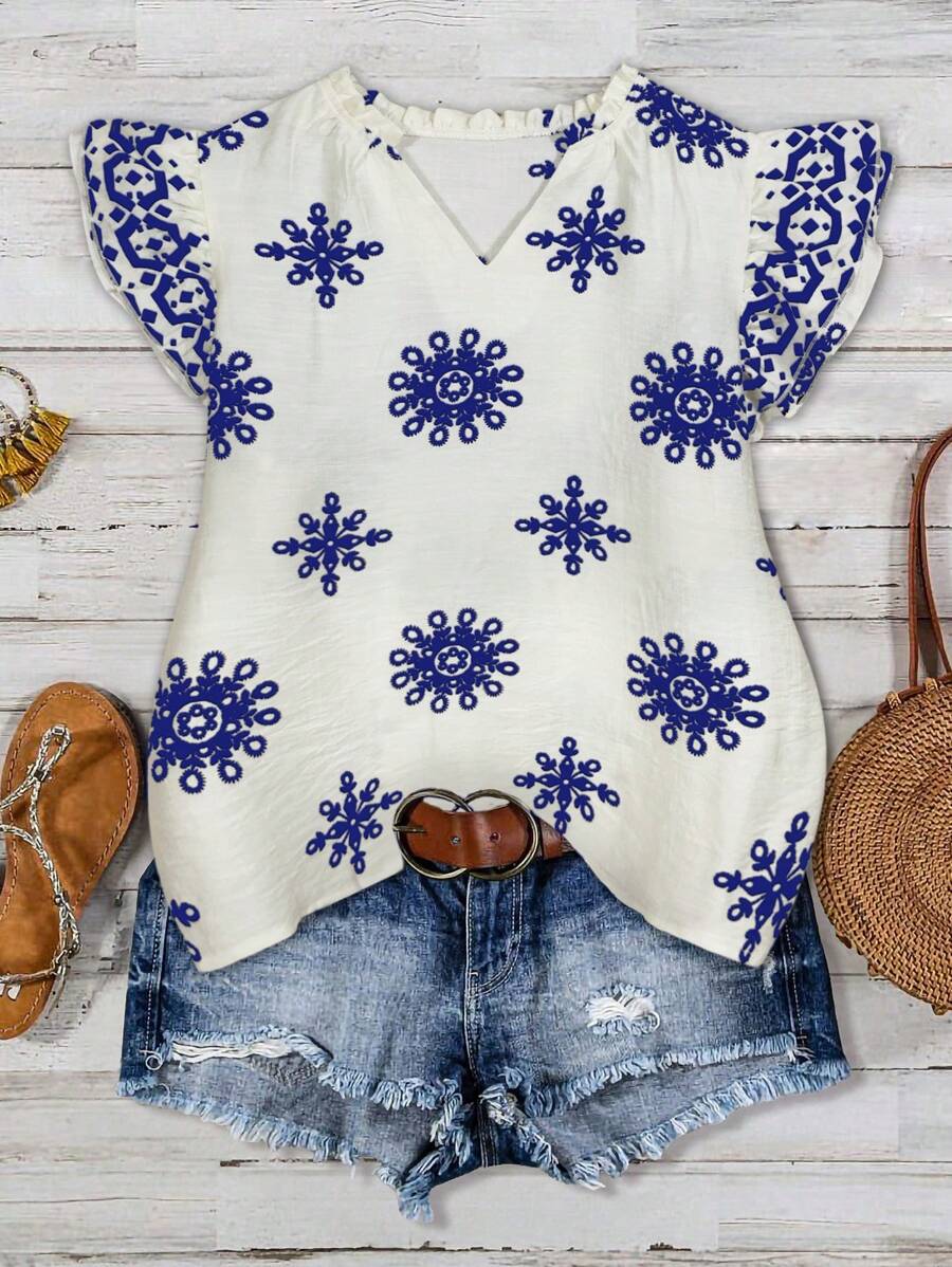 Breezaya 女士夏季休闲通勤小V领荷叶边修身衬衫 - 藍色 - 查看 1