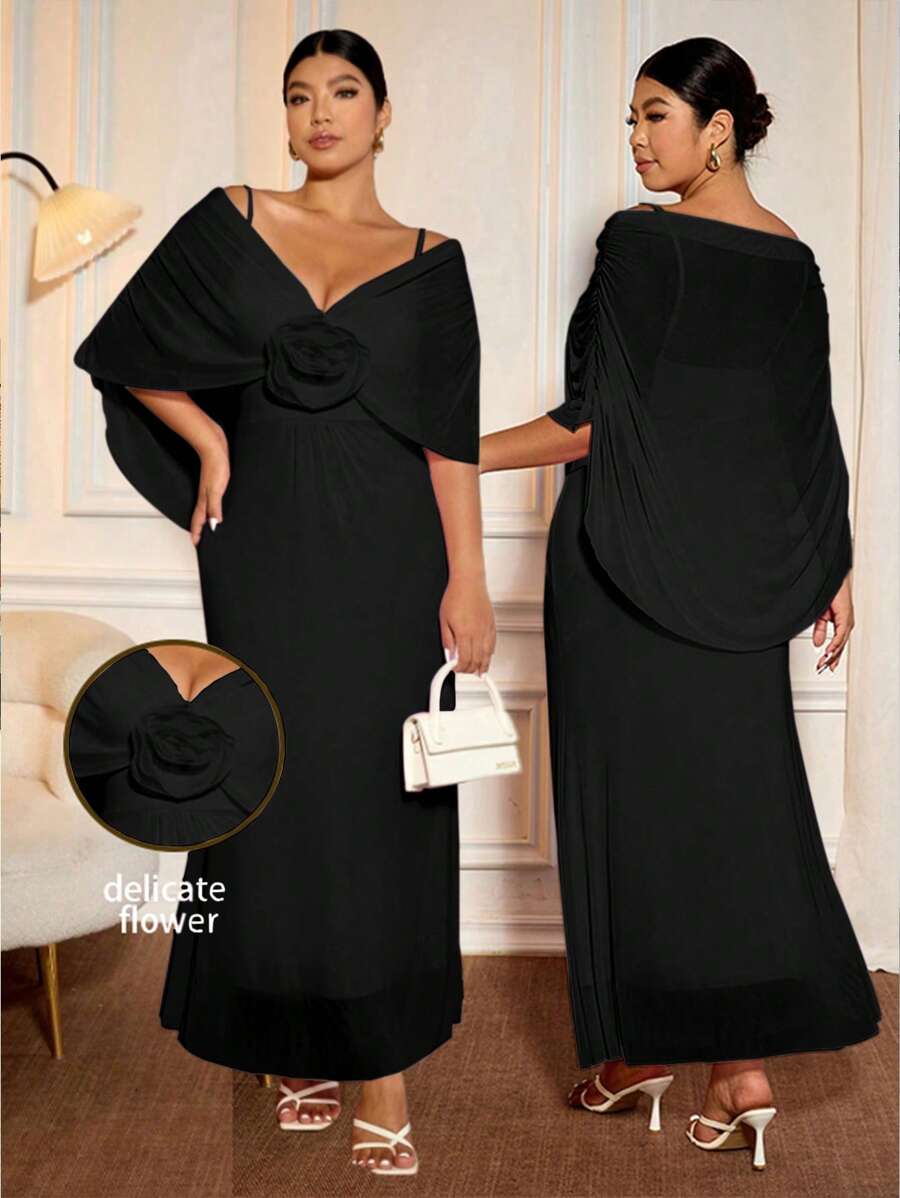 Cravure 大码女式优雅粉色网眼披肩装饰紧身长款舞会礼服