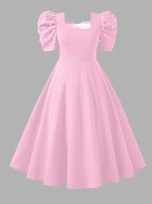 Teen Girl Red Beaded Puff Sleeve Backless Bow Design Fashion Retro Sweet Elegant Princess Dress